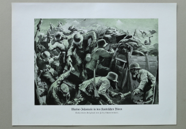 Marine / Infanterie in den flandrischen Dünen / Flandern / Belgien / Stahlhelm / Stabhandgranaten / Kampf / 1914-1918 / 1920er Jahre / 1. Weltkrieg 1.WK WWI / Patriotik Kunst Druck